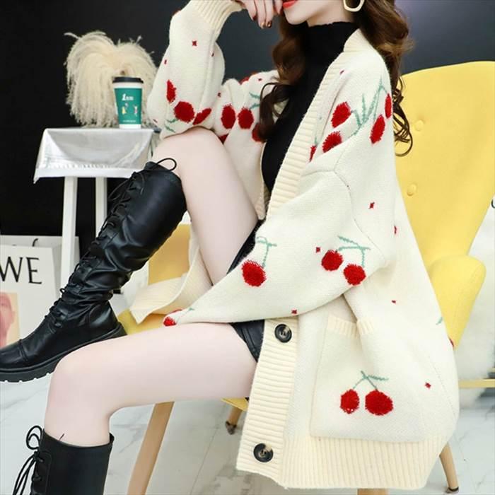 トップス レディース ニット カーディガン ドロップショルダー ビッグシルエット 柄物 チェリー ボタン ポケット 4サイズ 3カラー 秋 冬 |  | 11