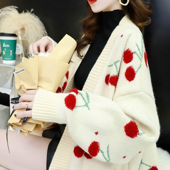 トップス レディース ニット カーディガン ドロップショルダー ビッグシルエット 柄物 チェリー ボタン ポケット 4サイズ 3カラー 秋 冬 |  | 12