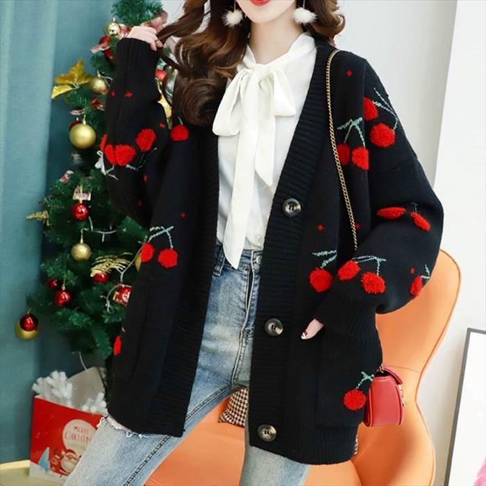 トップス レディース ニット カーディガン ドロップショルダー ビッグシルエット 柄物 チェリー ボタン ポケット 4サイズ 3カラー 秋 冬 |  | 16