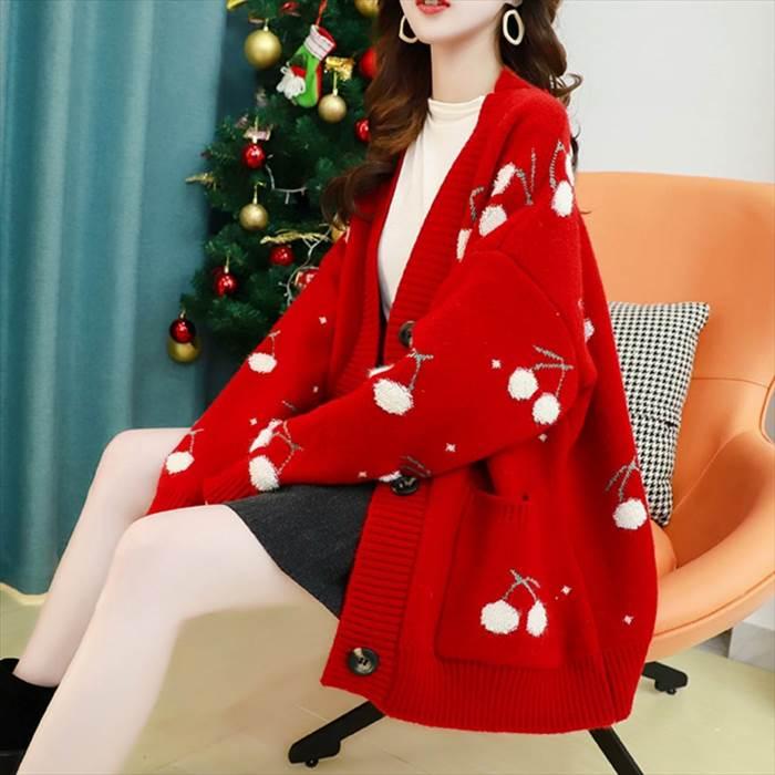 トップス レディース ニット カーディガン ドロップショルダー ビッグシルエット 柄物 チェリー ボタン ポケット 4サイズ 3カラー 秋 冬 |  | 03