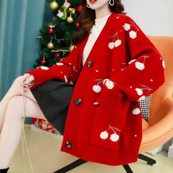 トップス レディース ニット カーディガン ドロップショルダー ビッグシルエット 柄物 チェリー ボタン ポケット 4サイズ 3カラー 秋 冬 |  | 04