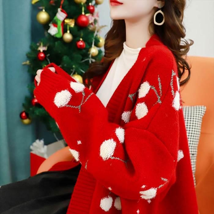 トップス レディース ニット カーディガン ドロップショルダー ビッグシルエット 柄物 チェリー ボタン ポケット 4サイズ 3カラー 秋 冬 |  | 06