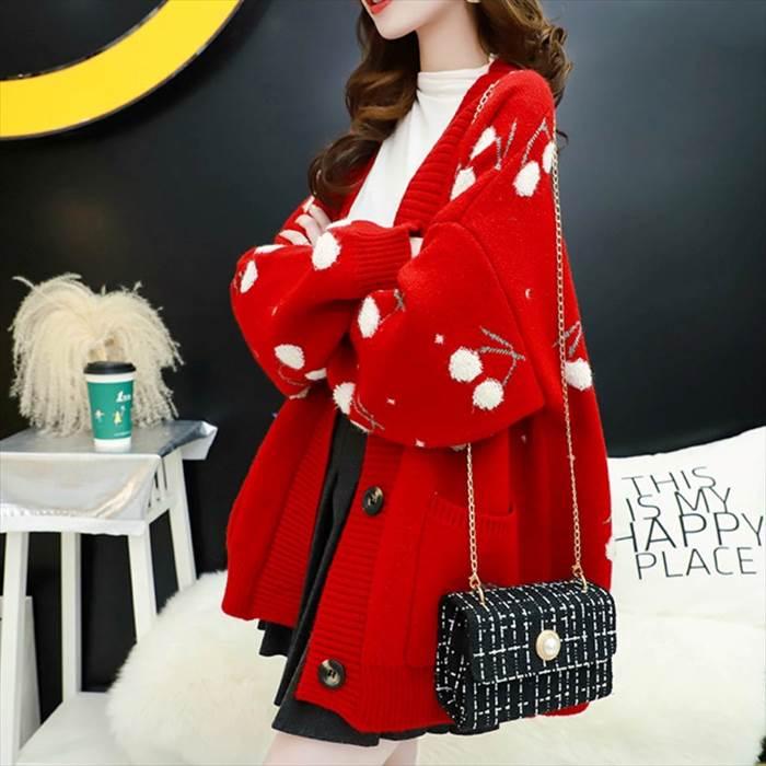 トップス レディース ニット カーディガン ドロップショルダー ビッグシルエット 柄物 チェリー ボタン ポケット 4サイズ 3カラー 秋 冬 |  | 07