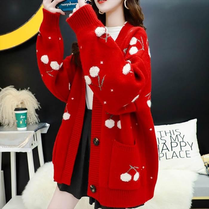 トップス レディース ニット カーディガン ドロップショルダー ビッグシルエット 柄物 チェリー ボタン ポケット 4サイズ 3カラー 秋 冬 |  | 08