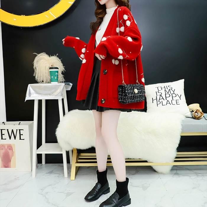 トップス レディース ニット カーディガン ドロップショルダー ビッグシルエット 柄物 チェリー ボタン ポケット 4サイズ 3カラー 秋 冬 |  | 09