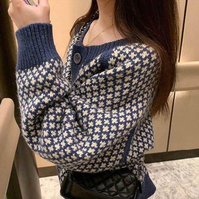 ニット カーディガン ドルマンスリーブ クルーネック 柄物 ジャガード ボタン ブルー トップス レディース ３サイズ 秋 冬 大人可愛い |  | 10