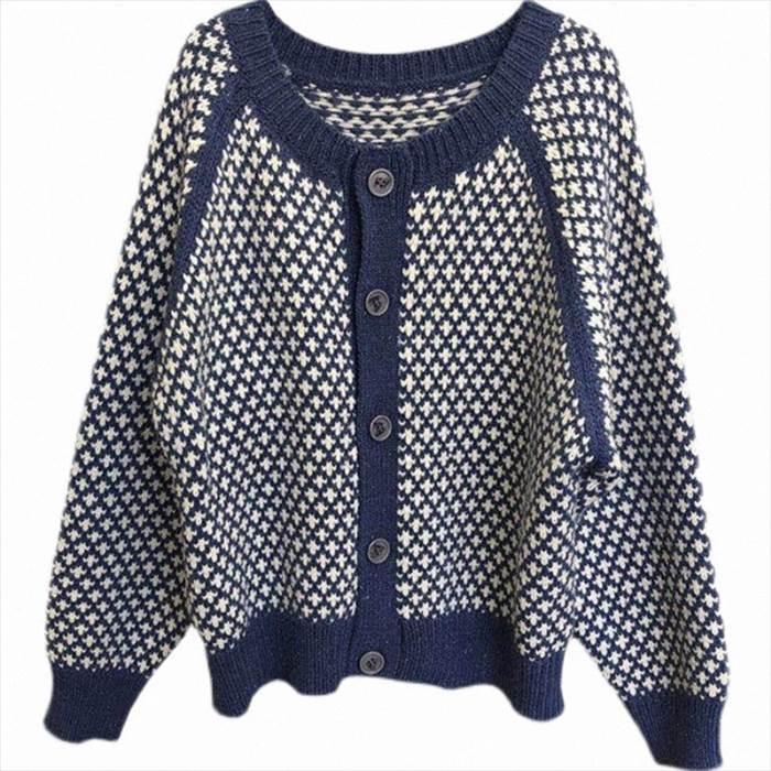 ニット カーディガン ドルマンスリーブ クルーネック 柄物 ジャガード ボタン ブルー トップス レディース ３サイズ 秋 冬 大人可愛い |  | 14