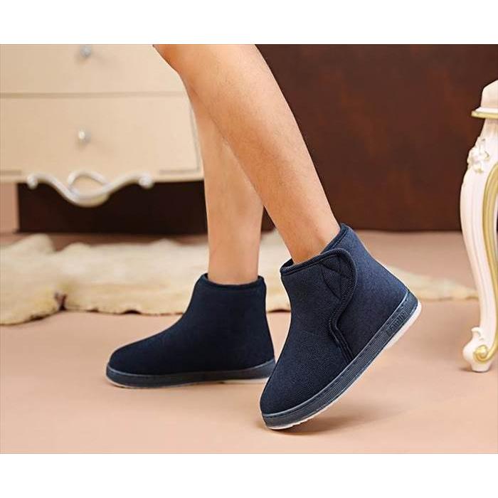 ボアショートブーツ レディース ユニセックス くるぶし丈 サイドマジックテープ 低めヒール ベルクロ 面ファスナー 無地 単色 ネイビー |  | 01