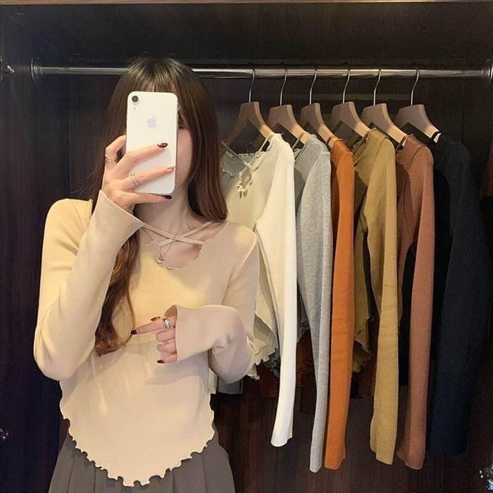 トップス レディース 長袖 ニット セーター 貝 シェル 伸縮性  灰 グレー ベージュ 茶 ブラウン 白 ホワイト 黒 ブラック ライトブラウン 深緑 カーキ 海外 | 