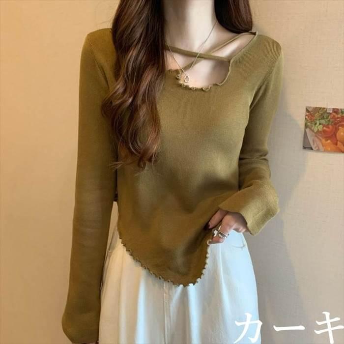 トップス レディース 長袖 ニット セーター 貝 シェル 伸縮性  灰 グレー ベージュ 茶 ブラウン 白 ホワイト 黒 ブラック ライトブラウン 深緑 カーキ 海外 |  | 10