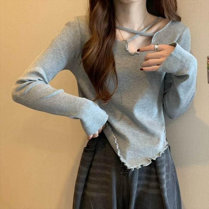 トップス レディース 長袖 ニット セーター 貝 シェル 伸縮性  灰 グレー ベージュ 茶 ブラウン 白 ホワイト 黒 ブラック ライトブラウン 深緑 カーキ 海外 |  | 11