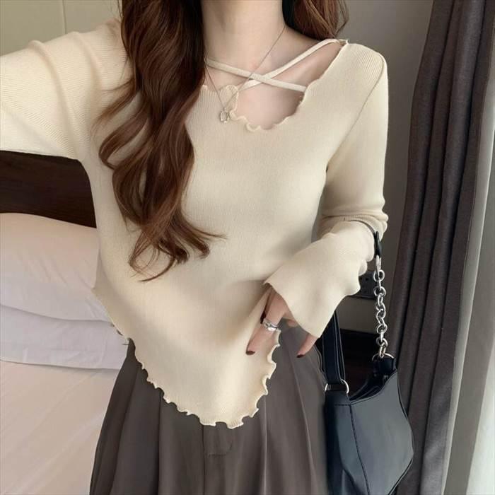 トップス レディース 長袖 ニット セーター 貝 シェル 伸縮性  灰 グレー ベージュ 茶 ブラウン 白 ホワイト 黒 ブラック ライトブラウン 深緑 カーキ 海外 |  | 12