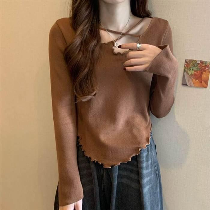 トップス レディース 長袖 ニット セーター 貝 シェル 伸縮性  灰 グレー ベージュ 茶 ブラウン 白 ホワイト 黒 ブラック ライトブラウン 深緑 カーキ 海外 |  | 13