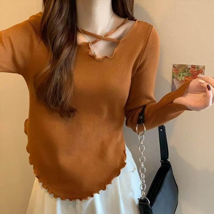 トップス レディース 長袖 ニット セーター 貝 シェル 伸縮性  灰 グレー ベージュ 茶 ブラウン 白 ホワイト 黒 ブラック ライトブラウン 深緑 カーキ 海外 |  | 18