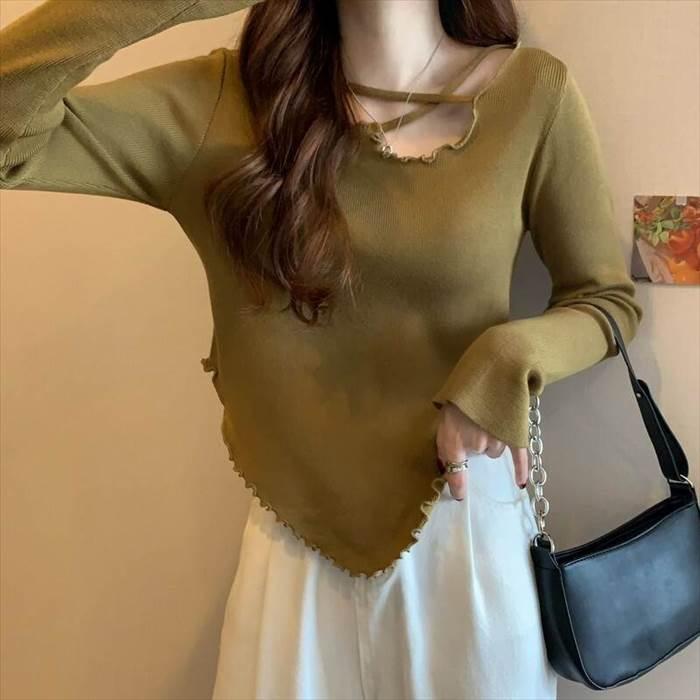 トップス レディース 長袖 ニット セーター 貝 シェル 伸縮性  灰 グレー ベージュ 茶 ブラウン 白 ホワイト 黒 ブラック ライトブラウン 深緑 カーキ 海外 |  | 19