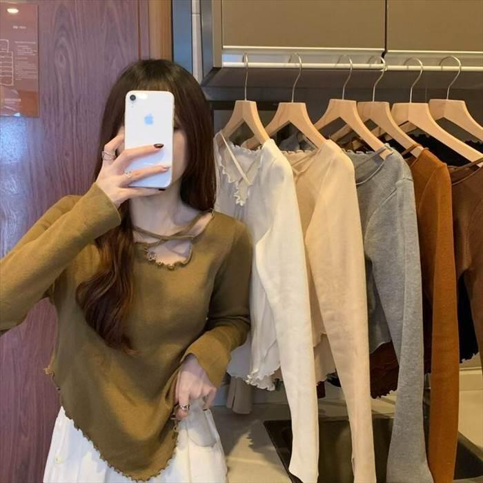 トップス レディース 長袖 ニット セーター 貝 シェル 伸縮性  灰 グレー ベージュ 茶 ブラウン 白 ホワイト 黒 ブラック ライトブラウン 深緑 カーキ 海外 |  | 01