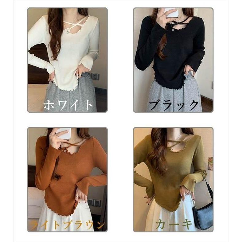 トップス レディース 長袖 ニット セーター 貝 シェル 伸縮性  灰 グレー ベージュ 茶 ブラウン 白 ホワイト 黒 ブラック ライトブラウン 深緑 カーキ 海外 |  | 03