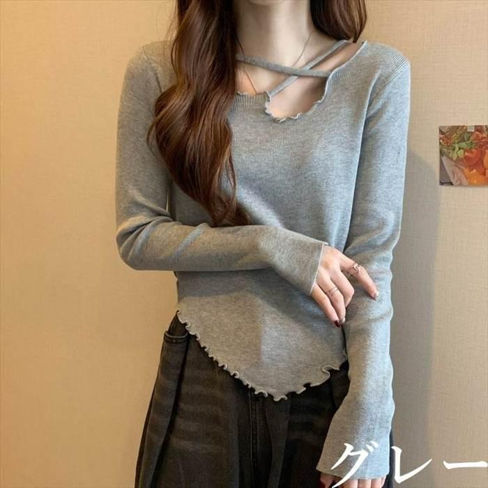トップス レディース 長袖 ニット セーター 貝 シェル 伸縮性  灰 グレー ベージュ 茶 ブラウン 白 ホワイト 黒 ブラック ライトブラウン 深緑 カーキ 海外 |  | 04