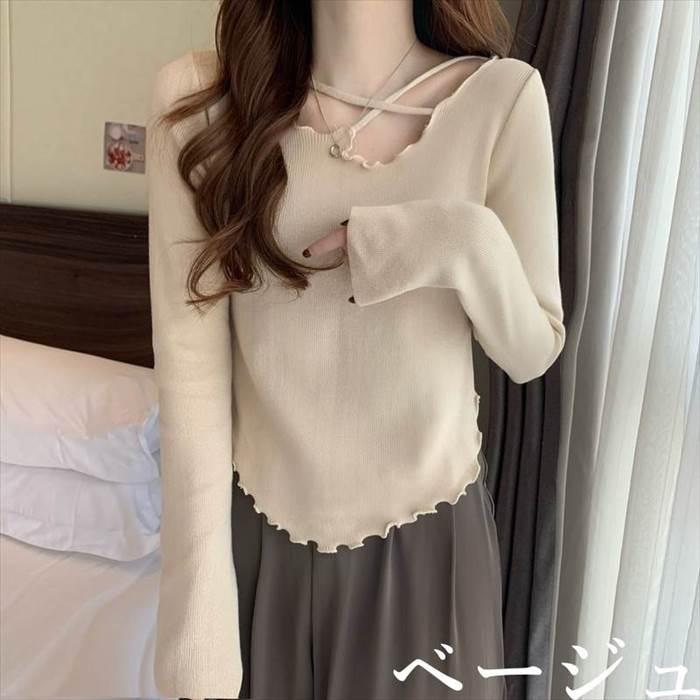 トップス レディース 長袖 ニット セーター 貝 シェル 伸縮性  灰 グレー ベージュ 茶 ブラウン 白 ホワイト 黒 ブラック ライトブラウン 深緑 カーキ 海外 |  | 05
