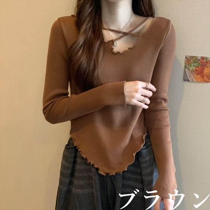 トップス レディース 長袖 ニット セーター 貝 シェル 伸縮性  灰 グレー ベージュ 茶 ブラウン 白 ホワイト 黒 ブラック ライトブラウン 深緑 カーキ 海外 |  | 06