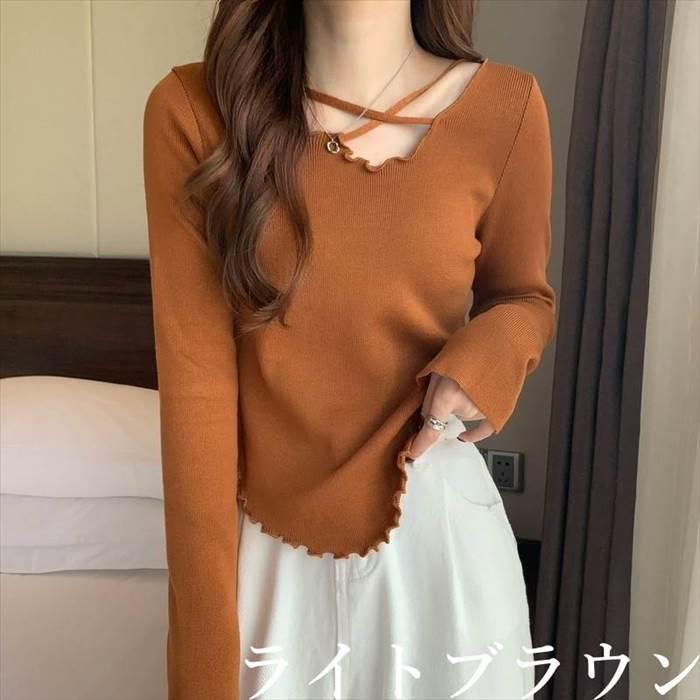 トップス レディース 長袖 ニット セーター 貝 シェル 伸縮性  灰 グレー ベージュ 茶 ブラウン 白 ホワイト 黒 ブラック ライトブラウン 深緑 カーキ 海外 |  | 09