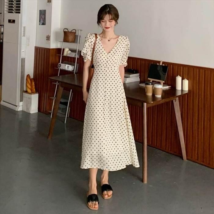 ワンピース レディース ミドル丈 ミドル 半袖 袖あり パフスリーブ Aライン Aラインスカート ドット柄 柄 水玉 プリント スクエアネック ジッパー ファスナー | 