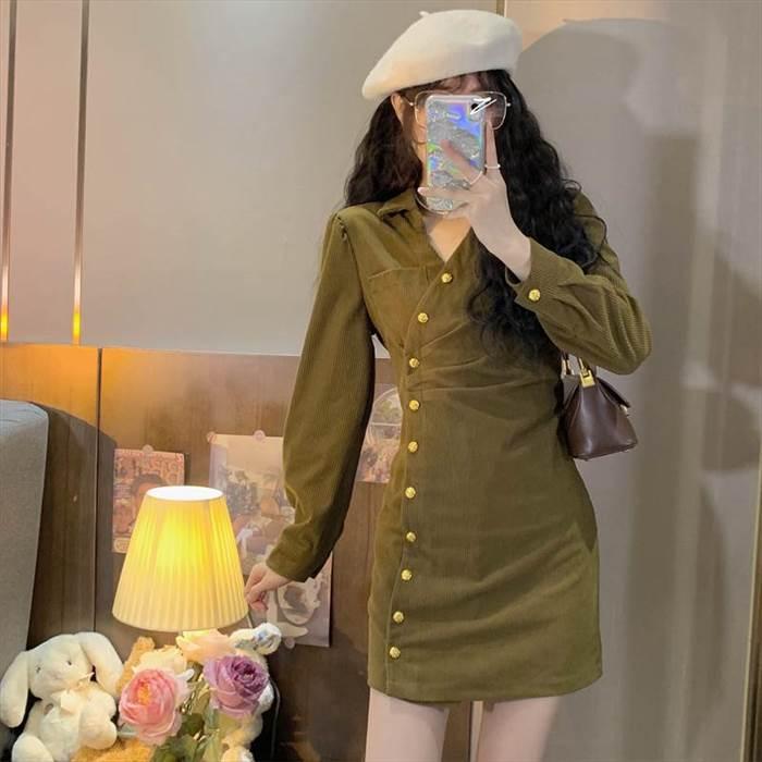 レディース ワンピース  コーデュロイワンピース デザイン重視 ミニ丈 ショート丈 長袖 無地 スリム 細身 ストレート かわいい 大人可愛い きれいめ シンプル |  | 12