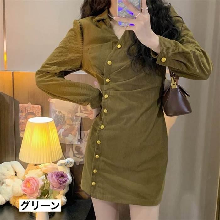 レディース ワンピース  コーデュロイワンピース デザイン重視 ミニ丈 ショート丈 長袖 無地 スリム 細身 ストレート かわいい 大人可愛い きれいめ シンプル |  | 02