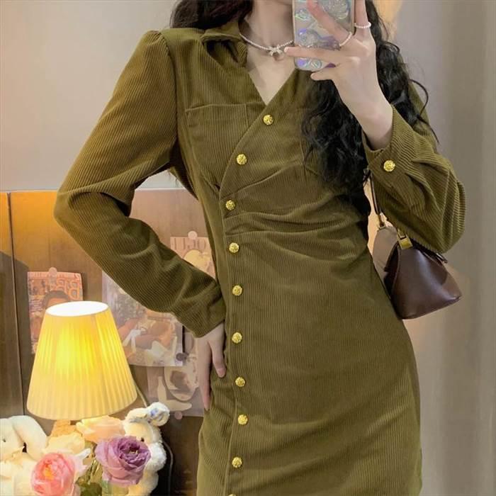 レディース ワンピース  コーデュロイワンピース デザイン重視 ミニ丈 ショート丈 長袖 無地 スリム 細身 ストレート かわいい 大人可愛い きれいめ シンプル |  | 03