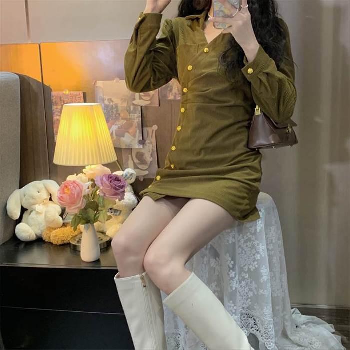 レディース ワンピース  コーデュロイワンピース デザイン重視 ミニ丈 ショート丈 長袖 無地 スリム 細身 ストレート かわいい 大人可愛い きれいめ シンプル |  | 04