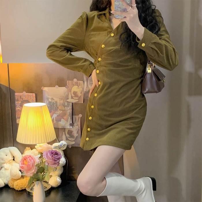 レディース ワンピース  コーデュロイワンピース デザイン重視 ミニ丈 ショート丈 長袖 無地 スリム 細身 ストレート かわいい 大人可愛い きれいめ シンプル |  | 07