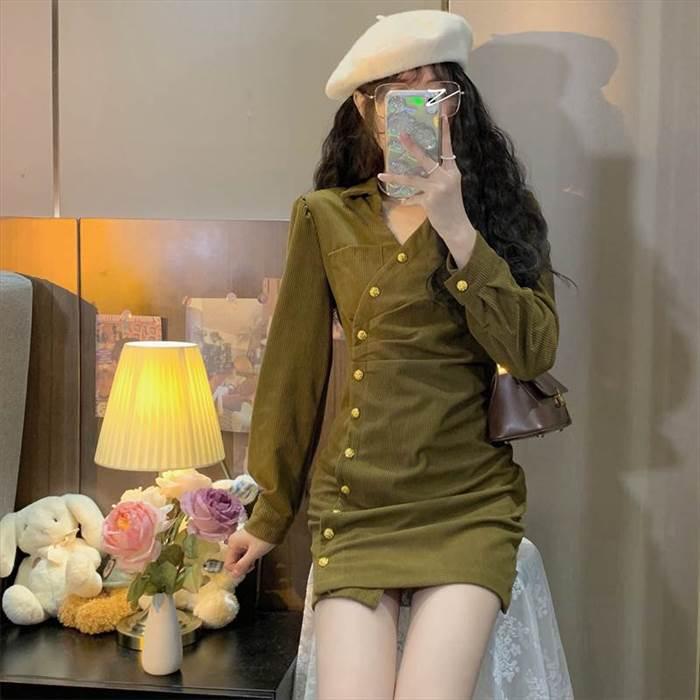 レディース ワンピース  コーデュロイワンピース デザイン重視 ミニ丈 ショート丈 長袖 無地 スリム 細身 ストレート かわいい 大人可愛い きれいめ シンプル |  | 08