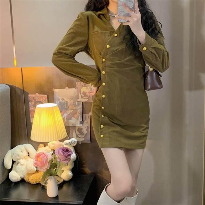 レディース ワンピース  コーデュロイワンピース デザイン重視 ミニ丈 ショート丈 長袖 無地 スリム 細身 ストレート かわいい 大人可愛い きれいめ シンプル |  | 09