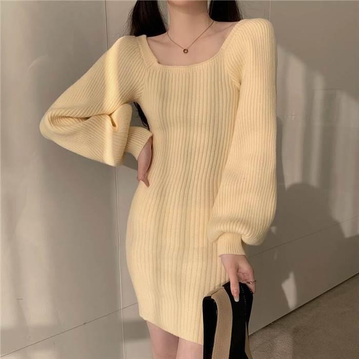 レディース ワンピース ニットワンピース  黒 ブラック 青 ブルー 灰色 グレー ベージュ 海外デザイン ミニ丈 ショート丈 長袖 無地 春 スリム 細身 |  | 17