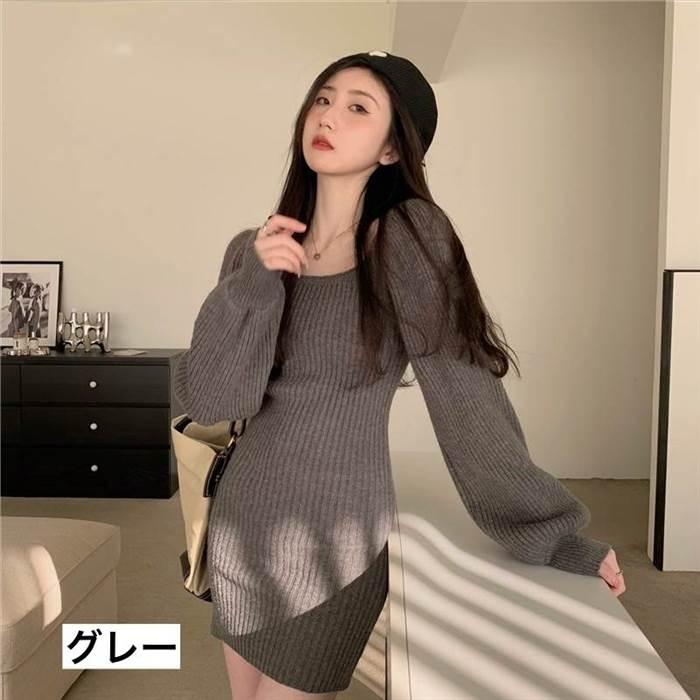 レディース ワンピース ニットワンピース  黒 ブラック 青 ブルー 灰色 グレー ベージュ 海外デザイン ミニ丈 ショート丈 長袖 無地 春 スリム 細身 |  | 02