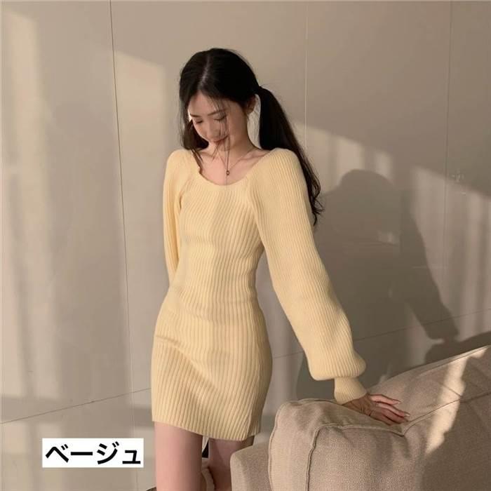 レディース ワンピース ニットワンピース  黒 ブラック 青 ブルー 灰色 グレー ベージュ 海外デザイン ミニ丈 ショート丈 長袖 無地 春 スリム 細身 |  | 04