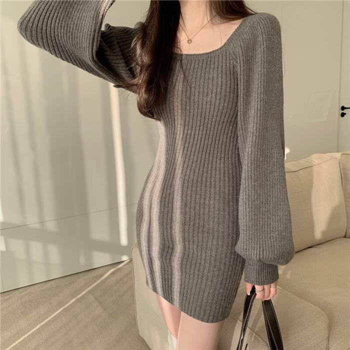 レディース ワンピース ニットワンピース  黒 ブラック 青 ブルー 灰色 グレー ベージュ 海外デザイン ミニ丈 ショート丈 長袖 無地 春 スリム 細身 |  | 05