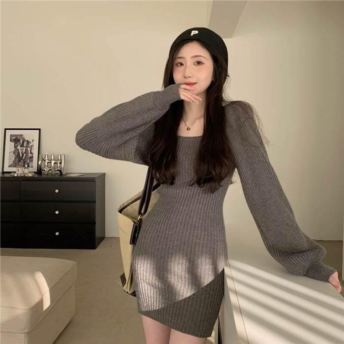 レディース ワンピース ニットワンピース  黒 ブラック 青 ブルー 灰色 グレー ベージュ 海外デザイン ミニ丈 ショート丈 長袖 無地 春 スリム 細身 |  | 06