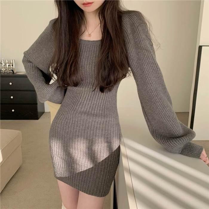 レディース ワンピース ニットワンピース  黒 ブラック 青 ブルー 灰色 グレー ベージュ 海外デザイン ミニ丈 ショート丈 長袖 無地 春 スリム 細身 |  | 08