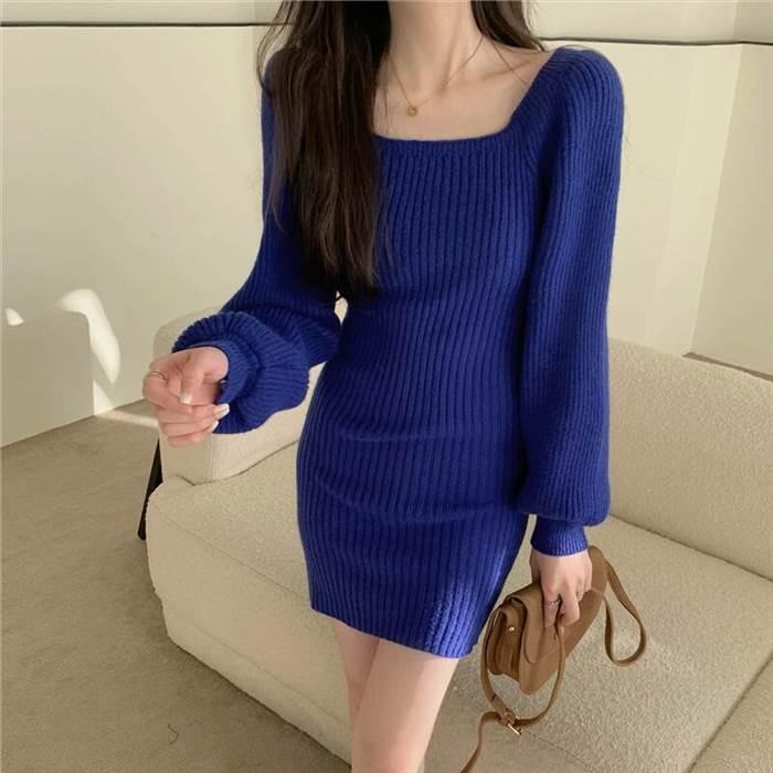 レディース ワンピース ニットワンピース  黒 ブラック 青 ブルー 灰色 グレー ベージュ 海外デザイン ミニ丈 ショート丈 長袖 無地 春 スリム 細身 |  | 09