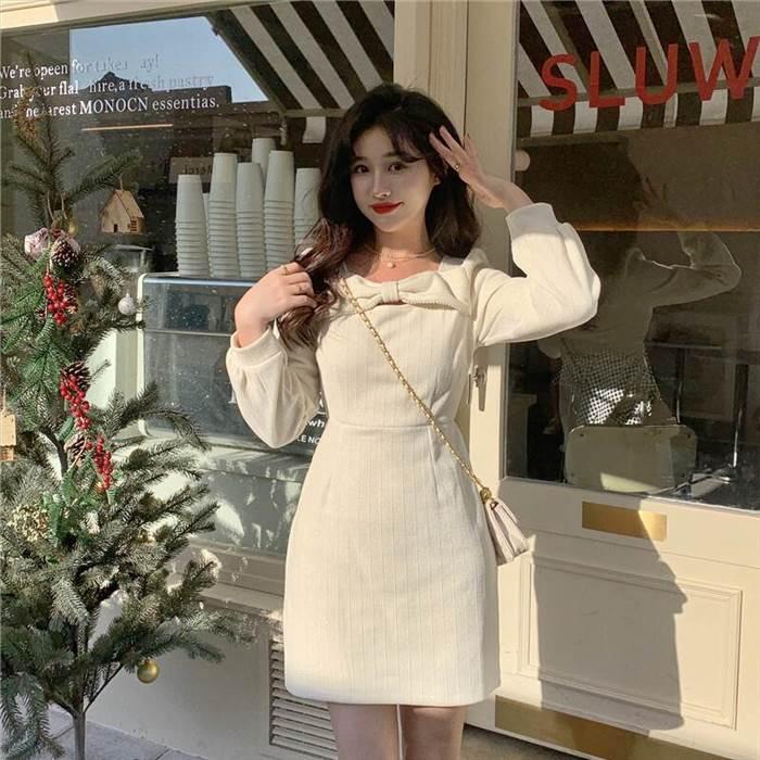 ワンピース レディース Aラインワンピース ミニ丈 ショート丈 長袖 無地 春 セミフレア リボン かわいい 大人可愛い きれいめ シンプル カジュアル 大人 | 