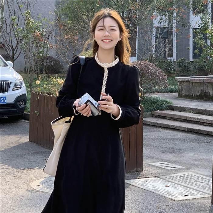 レディース ワンピース Aラインワンピース  レース 黒 ブラック 赤 レッド ミモレ丈 長袖 無地 セミフレア Aライン ふわふわ かわいい 大人可愛い きれいめ |  | 12