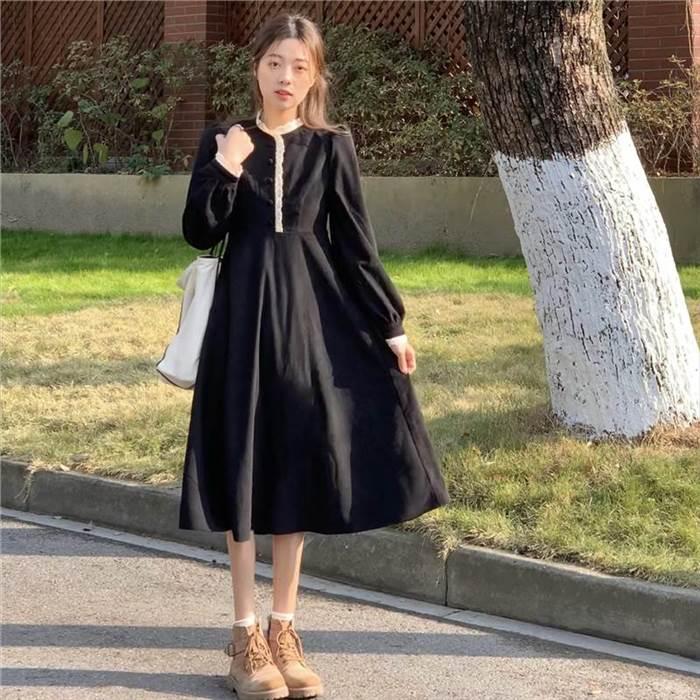 レディース ワンピース Aラインワンピース  レース 黒 ブラック 赤 レッド ミモレ丈 長袖 無地 セミフレア Aライン ふわふわ かわいい 大人可愛い きれいめ |  | 13