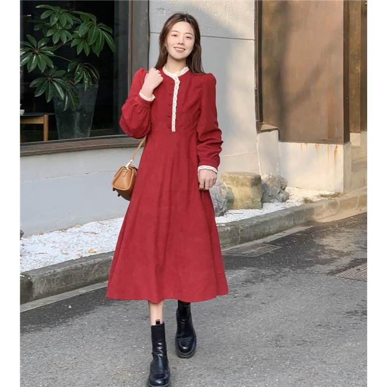 レディース ワンピース Aラインワンピース  レース 黒 ブラック 赤 レッド ミモレ丈 長袖 無地 セミフレア Aライン ふわふわ かわいい 大人可愛い きれいめ |  | 15