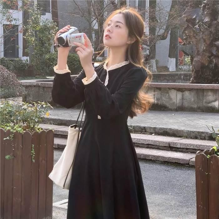 レディース ワンピース Aラインワンピース  レース 黒 ブラック 赤 レッド ミモレ丈 長袖 無地 セミフレア Aライン ふわふわ かわいい 大人可愛い きれいめ |  | 16