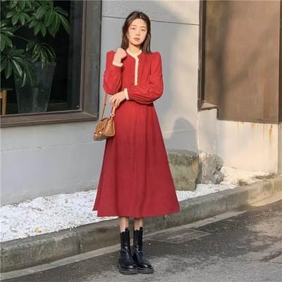 レディース ワンピース Aラインワンピース  レース 黒 ブラック 赤 レッド ミモレ丈 長袖 無地 セミフレア Aライン ふわふわ かわいい 大人可愛い きれいめ |  | 19