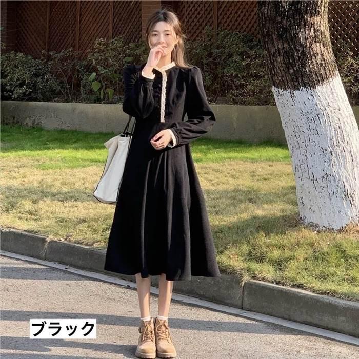 レディース ワンピース Aラインワンピース  レース 黒 ブラック 赤 レッド ミモレ丈 長袖 無地 セミフレア Aライン ふわふわ かわいい 大人可愛い きれいめ |  | 01