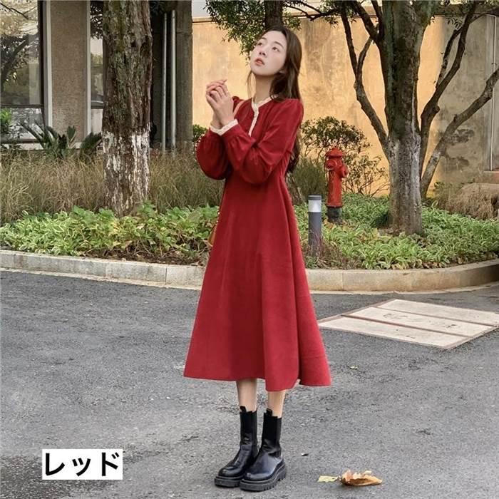 レディース ワンピース Aラインワンピース  レース 黒 ブラック 赤 レッド ミモレ丈 長袖 無地 セミフレア Aライン ふわふわ かわいい 大人可愛い きれいめ |  | 02