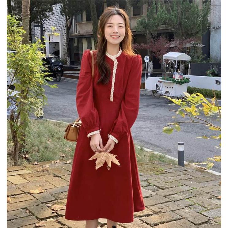 レディース ワンピース Aラインワンピース  レース 黒 ブラック 赤 レッド ミモレ丈 長袖 無地 セミフレア Aライン ふわふわ かわいい 大人可愛い きれいめ |  | 05