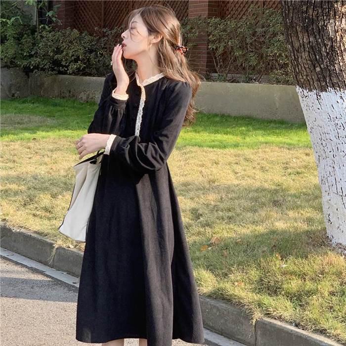 レディース ワンピース Aラインワンピース  レース 黒 ブラック 赤 レッド ミモレ丈 長袖 無地 セミフレア Aライン ふわふわ かわいい 大人可愛い きれいめ |  | 06